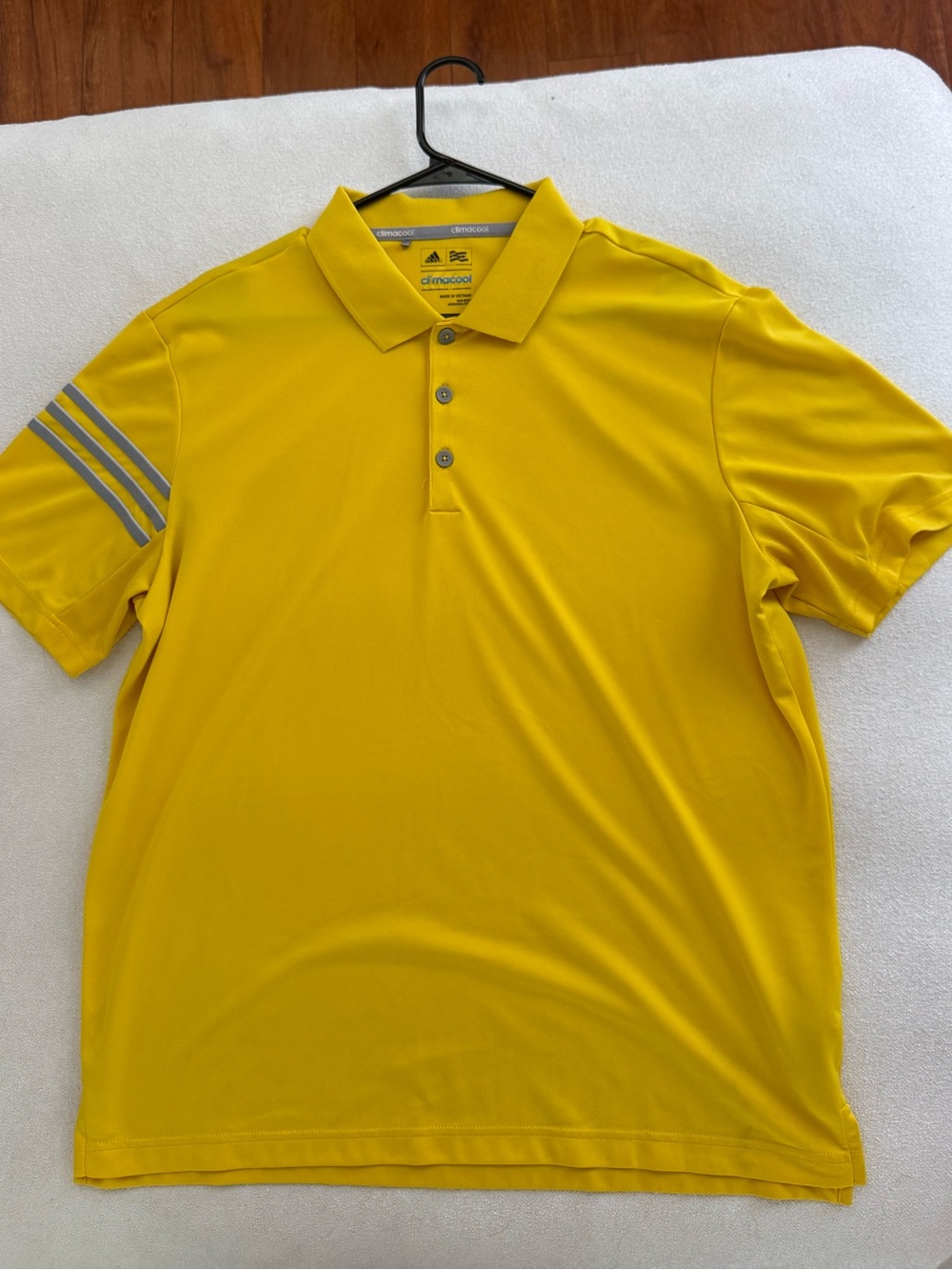 adidas Men’s Bright Yellow Short-Sleeve Polo with Reflective Sleeve Stripes